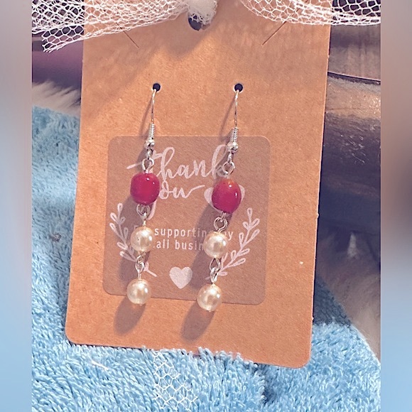 Dangle Earrings VTG Glass Burgundy+Luxe Champagne Pearls »Fishhooks Earrings - Picture 2 of 12